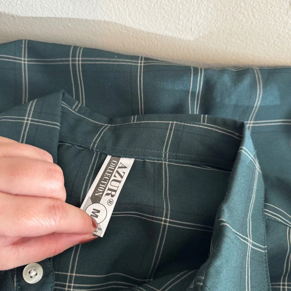 Azur Men's Green Windowpane Plaid Short Sleeve Button Down Shirt Size M